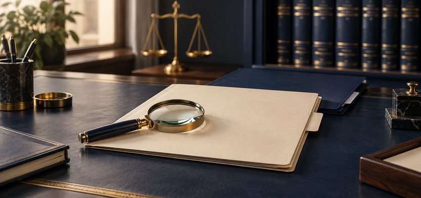 پوشه پرونده سفید و ذرهبین روی میز سرمهای؛ نماد بررسی قرار منع تعقیب و تنظیم اعتراض
