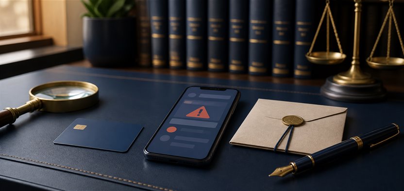 تلفن همراه با هشدار امنیتی کنار کارت بانکی و پاکت مدارک؛ نماد پیگیری کلاهبرداری اینترنتی