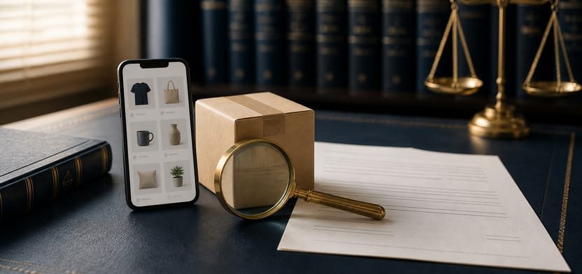 تلفن همراه و بسته خرید اینترنتی کنار قرارداد و ذرهبین؛ نماد تشخیص کلاهبرداری از نقض قرارداد